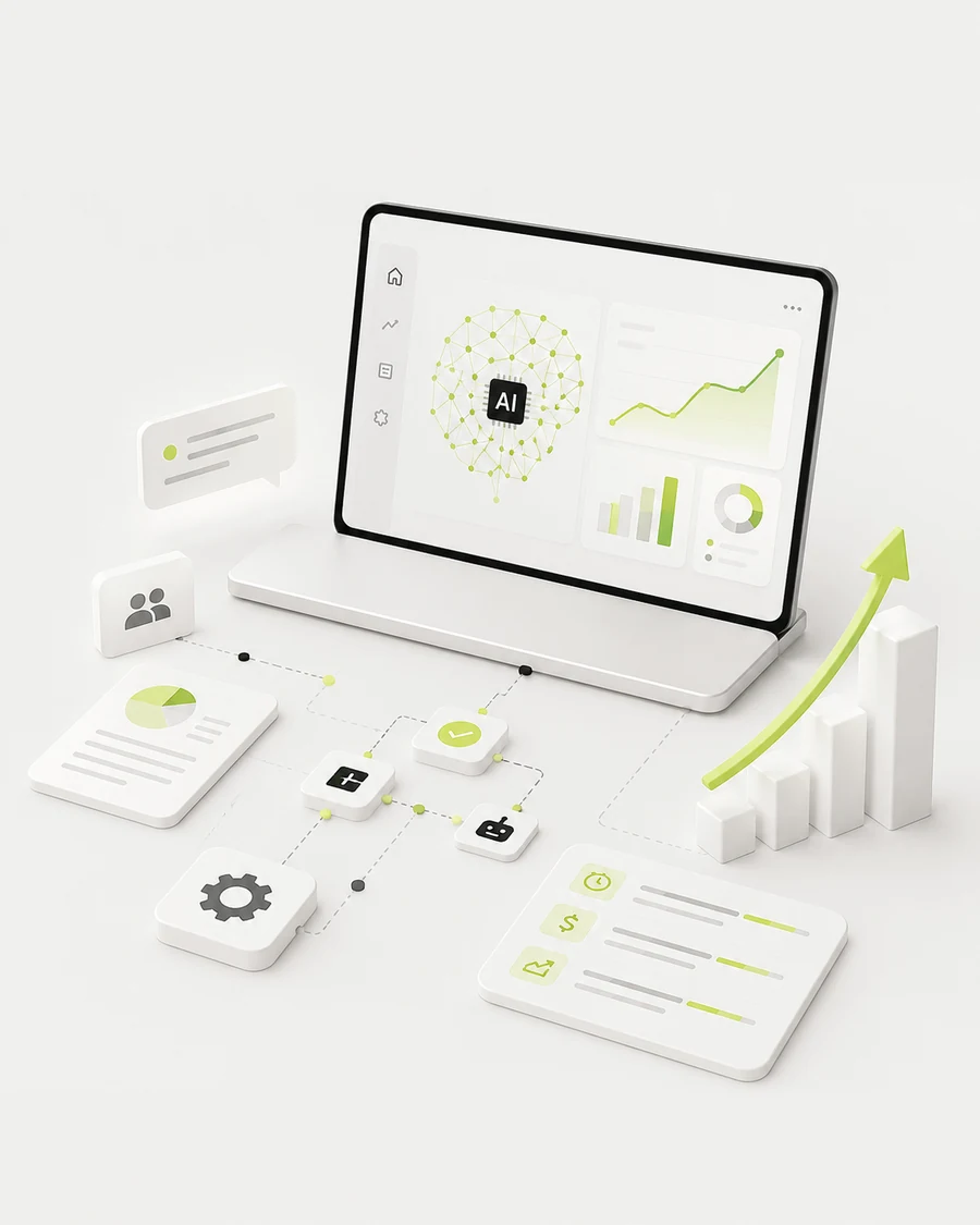 Panel de una empresa con procesos conectados: reportes, indicadores y tareas automatizadas.